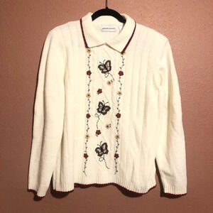Alfred Dunner Cozy Butterfly Collared Sweater Sz Medium Embroidered